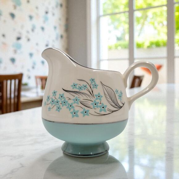 Sevron Powder Blue Lace 4" Creamer Silver Trim 1950's Coffee Mid Century Modern - Picture 1 of 8
